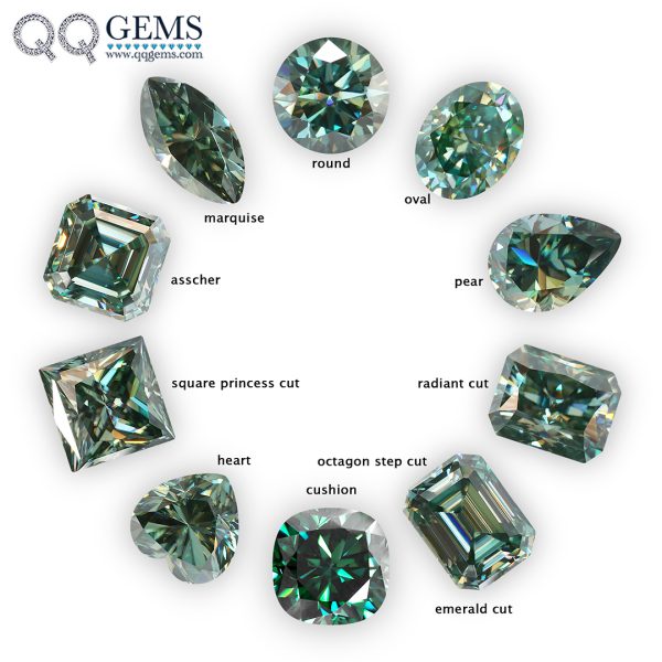Cushion Round Oval Marquise Pear Heart Square Asscher Emrald Radiant Cut Green Moissanite